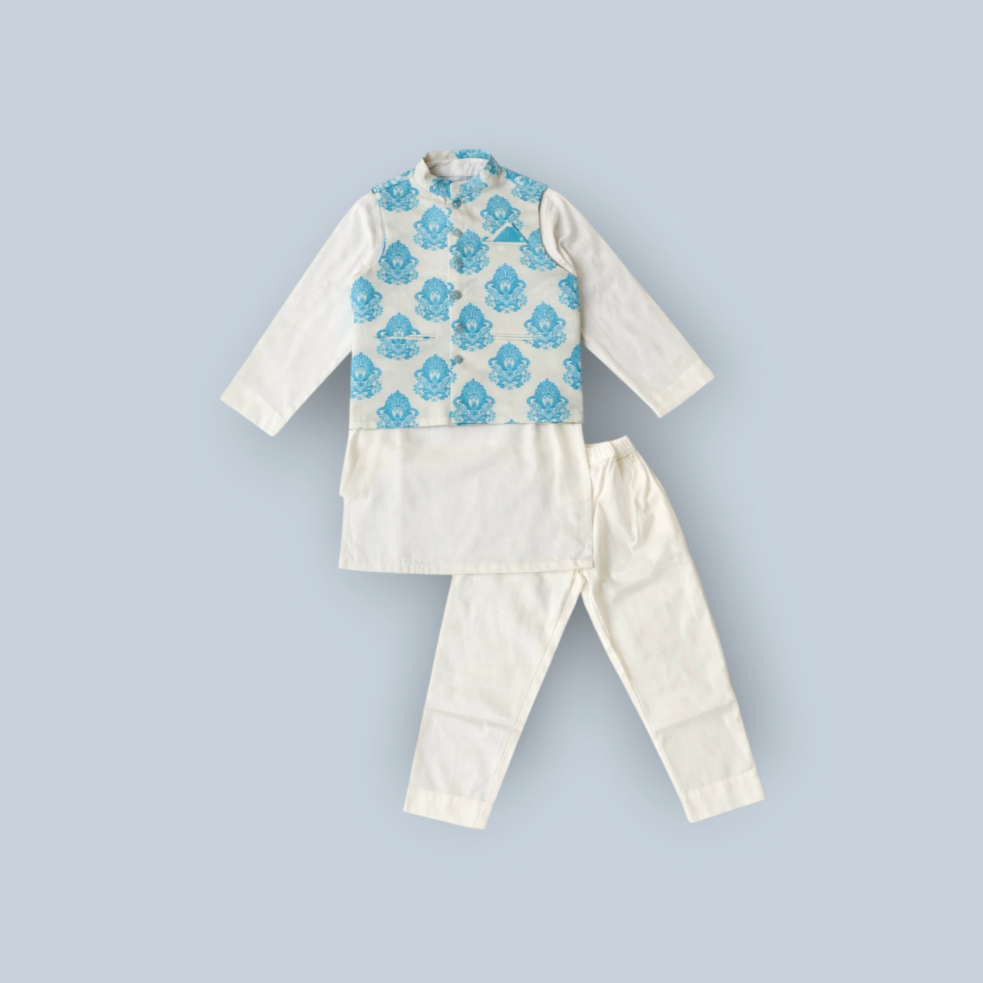 Ivory Azure Printed Kurta Jacket Set for Boys