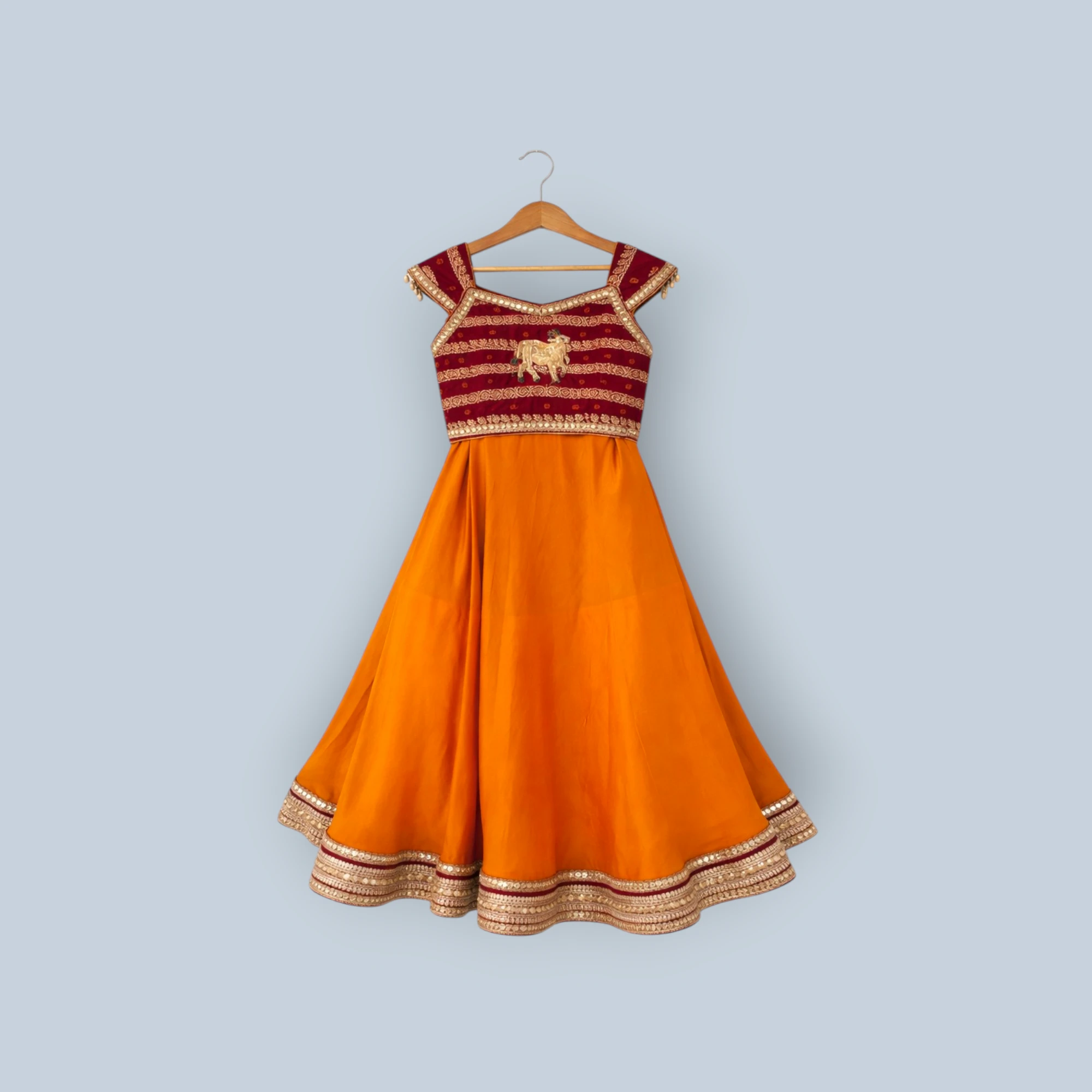 Royal Maroon Zari Embroidered Lehenga Choli Set – Mustard Skirt