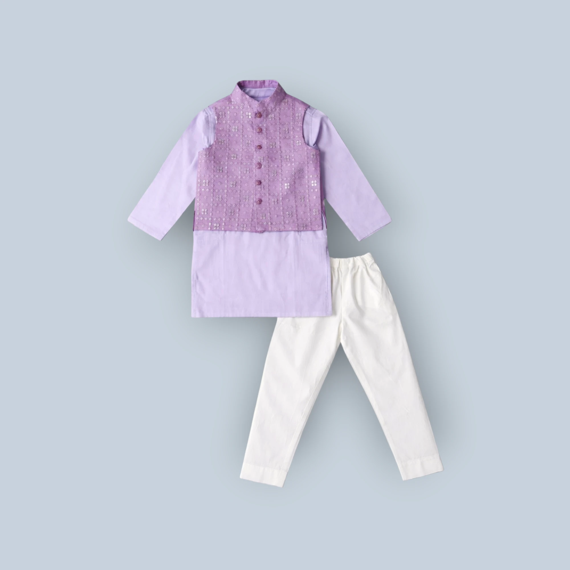 Lavender Pearl Embroidered Kurta Jacket Set for Boys