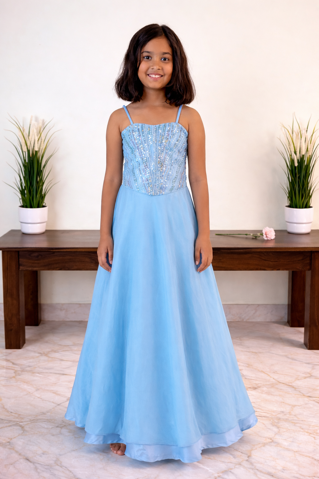 Sky Blue Sequin Lehenga Set for Girls