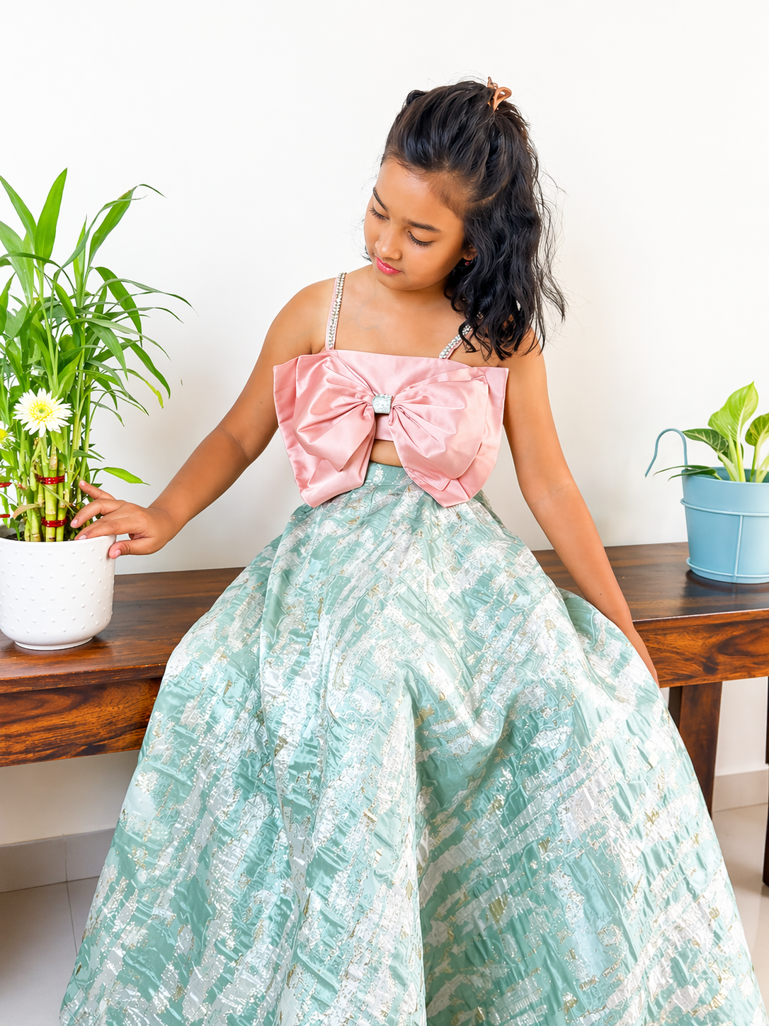 Mint Green & Blush Bow Lehenga Dress for Girls