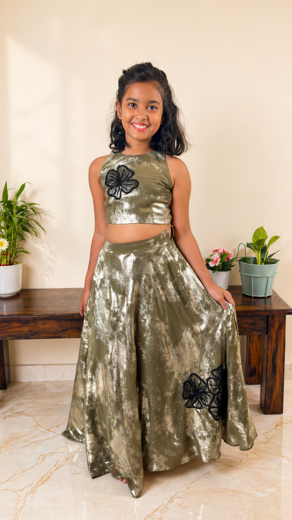 Olive Gold Floral Lehenga Set for Girls
