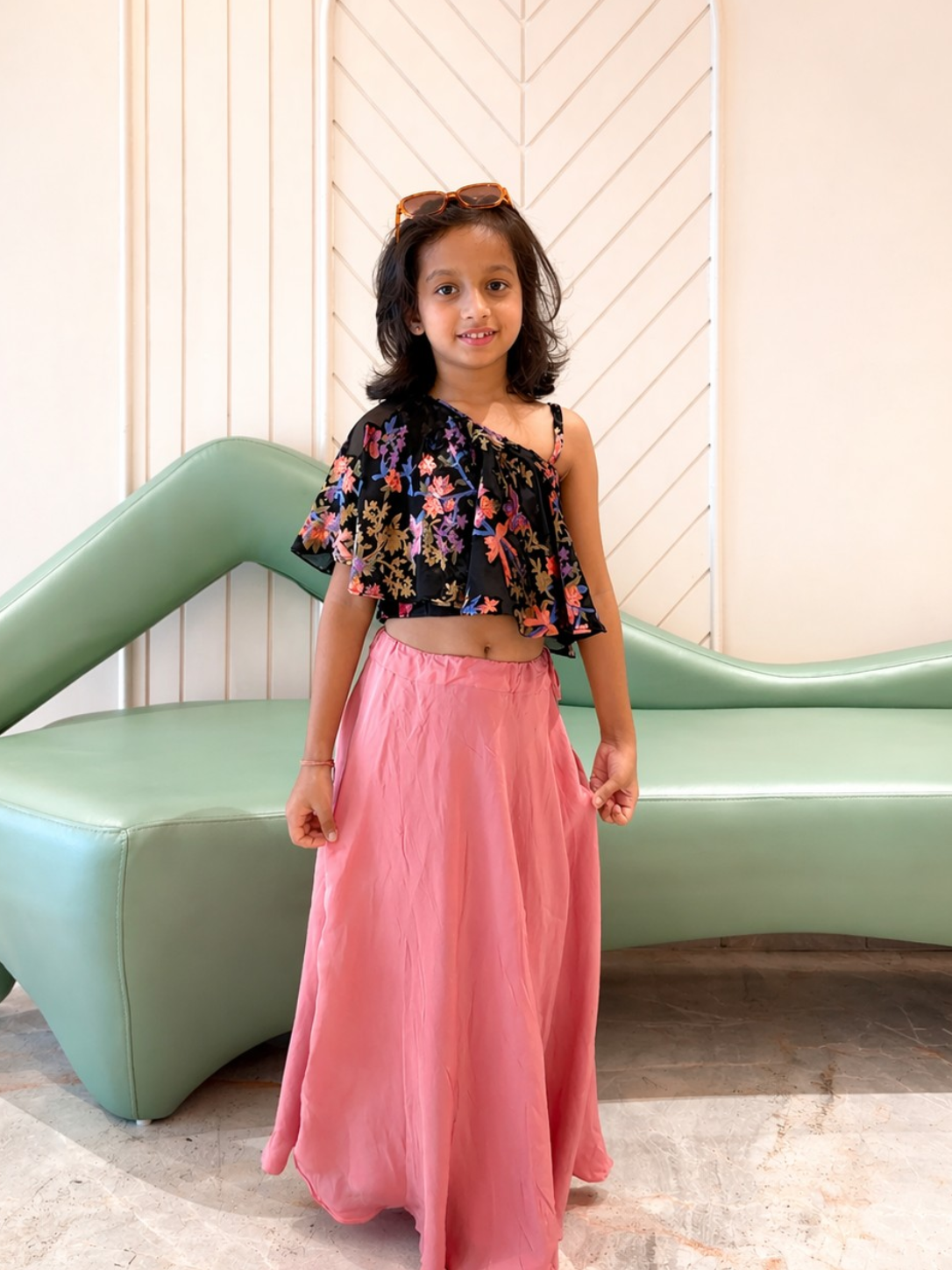 Black Floral & Pink Lehenga Set for Girls