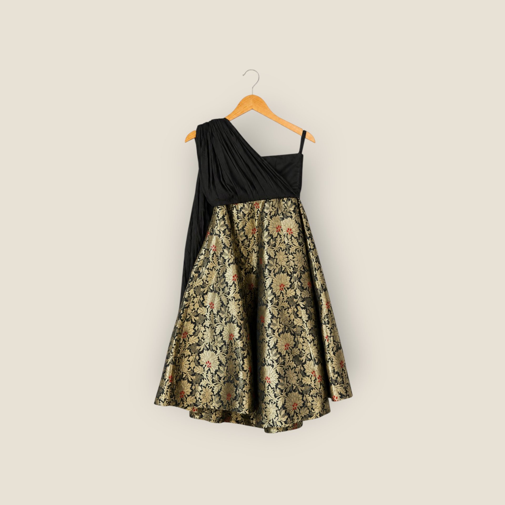 Black & Gold Brocade Lehenga Set for Girls