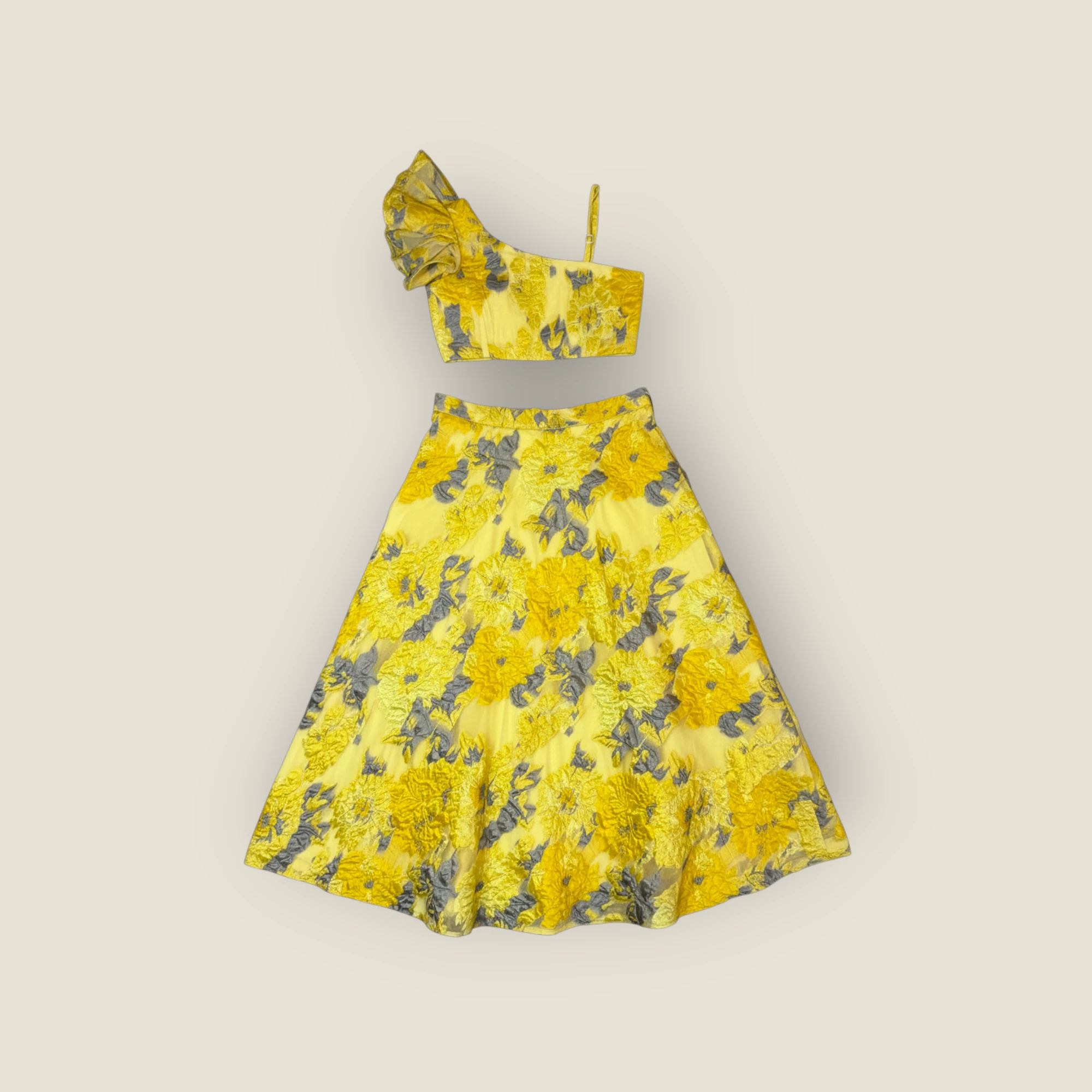 Sunflower Brocade Lehenga Set for Girls (Yellow & Grey)