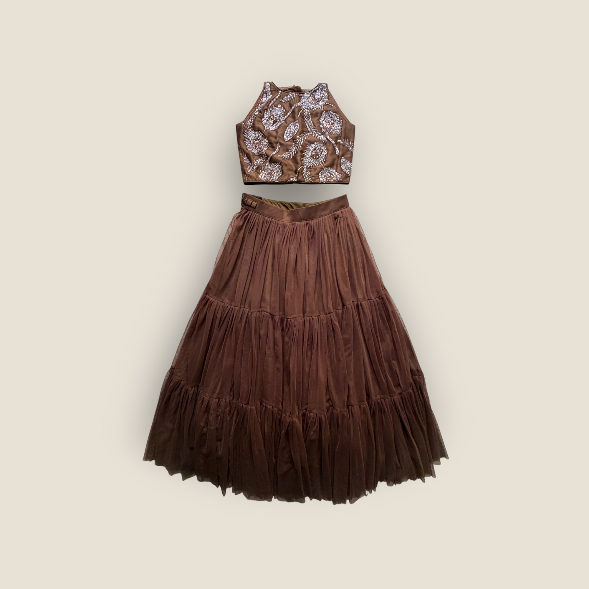 Mocha Bloom Embroidered Lehenga Set – Brown Choli & Layered Skirt